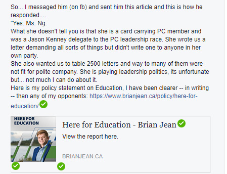 Brian Jean response to my letter